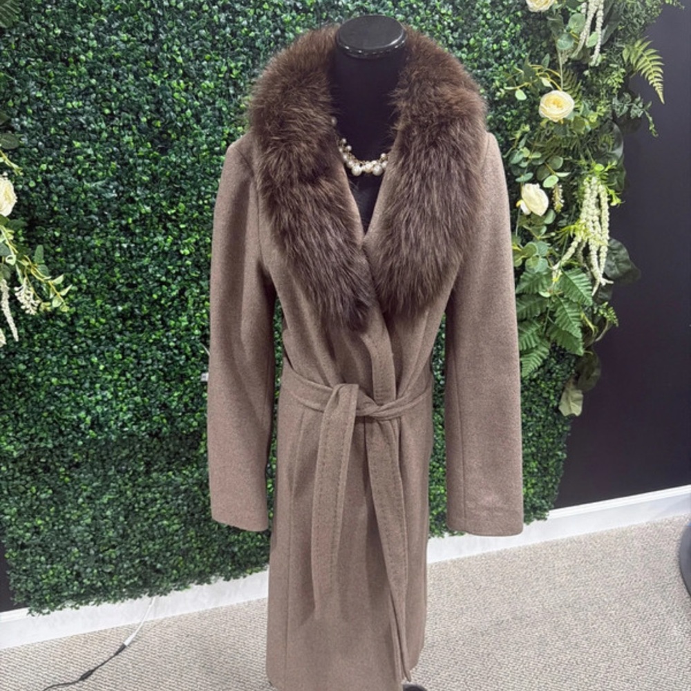 Brown Wool Wrap Coat with Fur Collar